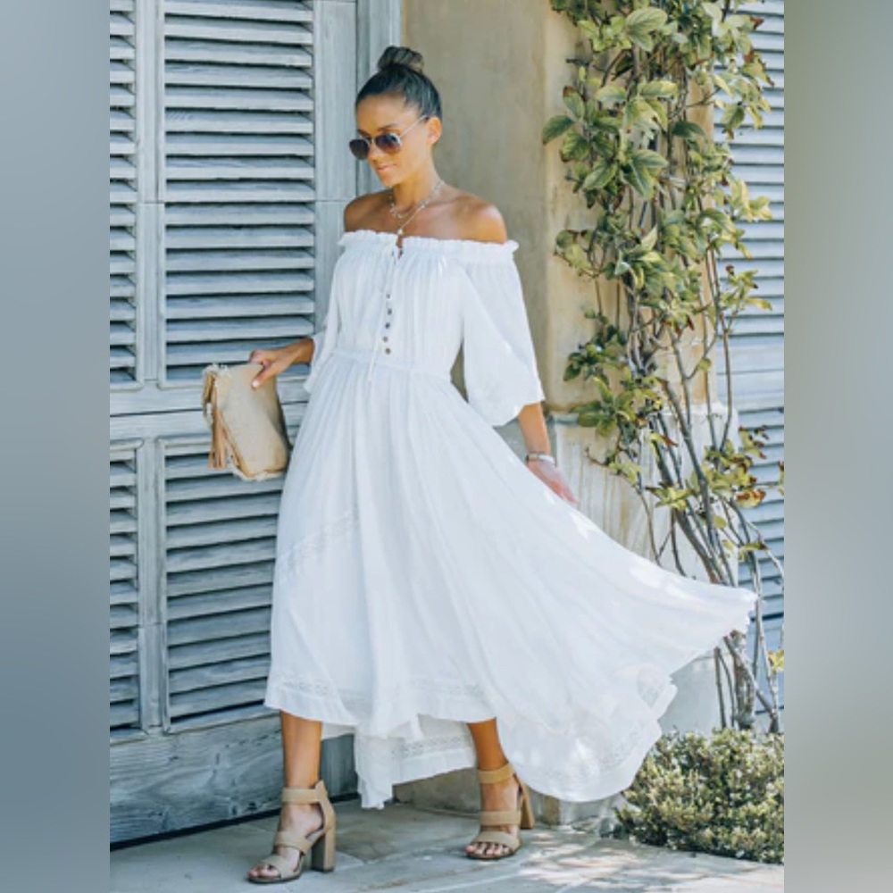 VICI - Style Rack Off The Shoulder Lace Trim Midi Dress, Size M, Whote, High/Low